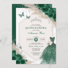 Convites Silver Emerald Green Boho Rosa Quinceañera