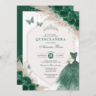 Convites Silver Emerald Green Boho Rosa Quinceañera