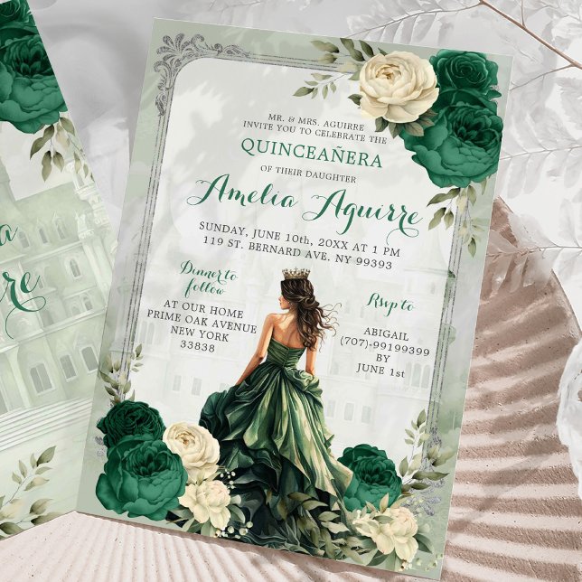 Convites Silver Emerald Green Castle Princesa Quinceañera (Criador carregado)