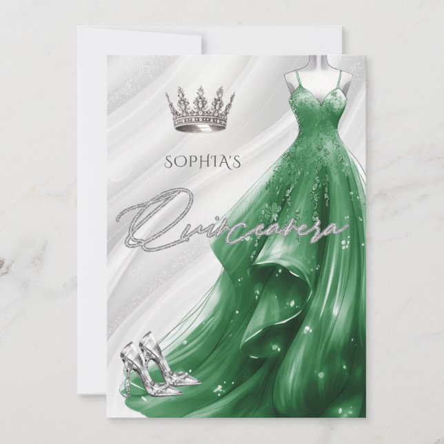 Convites Silver Emerald Green Sparkle Dress Quinceañera (Frente)