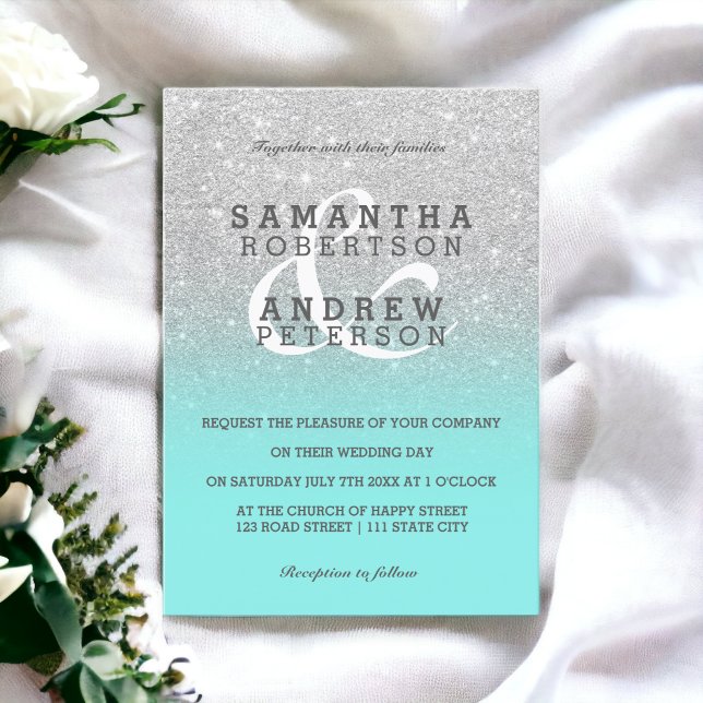 Convites Silver faux glitter teal ombre costume de casament (Silver faux glitter teal ombre wedding custom invitation)