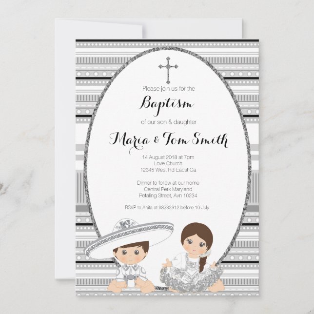 Convites Silver Fiesta Boy & Girl Baptism Christening (Frente)