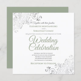 Convites Silver Filigree Sage Green & White Square Casament