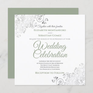 Convites Silver Filigree Sage Green & White Square Casament