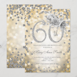 Convites Silver Floral 60th Birthday Glam Luzes Douradas
