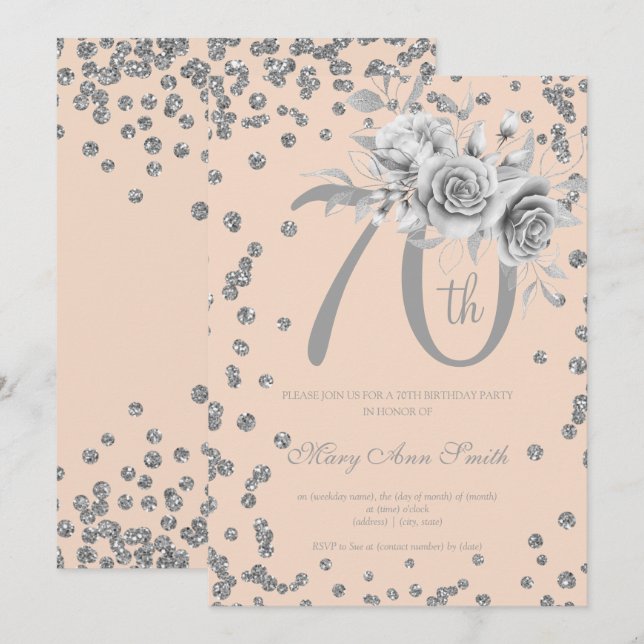 Convites Silver Floral & Confetti 70 Blush  (Frente/Verso)