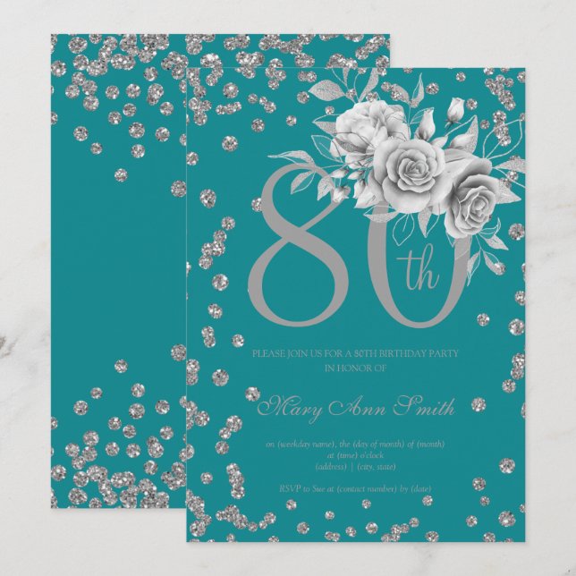 Convites Silver Floral & Confetti 80 Aniversário Teal (Frente/Verso)