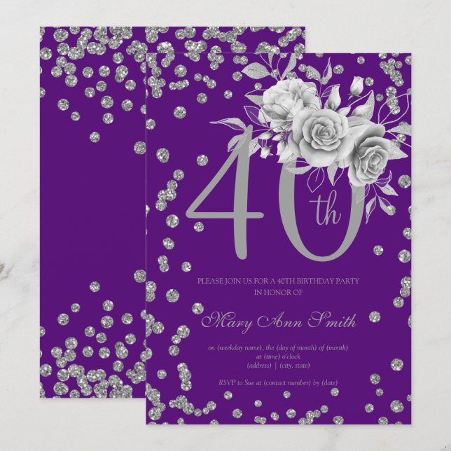 Convites Silver Floral & Confetti aniversário de 40 anos Pu (Frente/Verso)