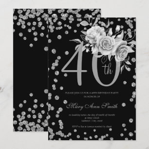 Convites Silver Floral e Confetti aniversário de 40 anos Pr