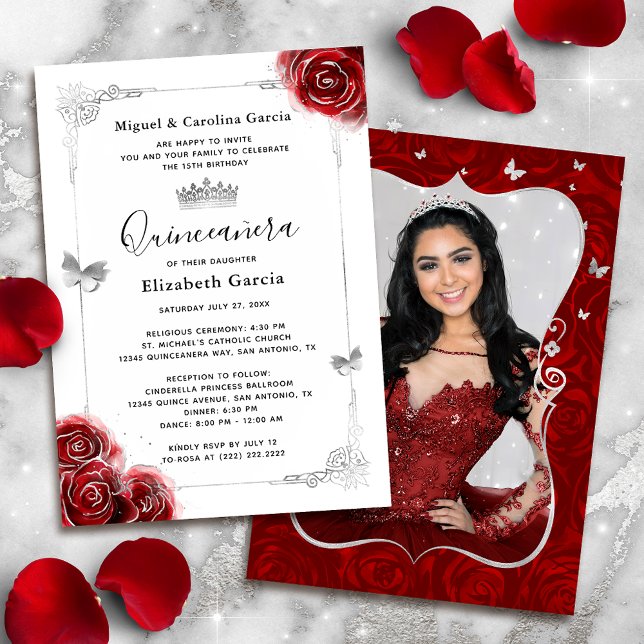 Convites Silver Floral Elegante e Foto Red Quinceanera (Easily add your own photo to the back, or use the space for extra event details.)