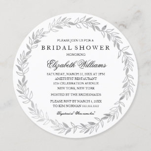 Convites Silver Floral Wreath Chá de panela Invite