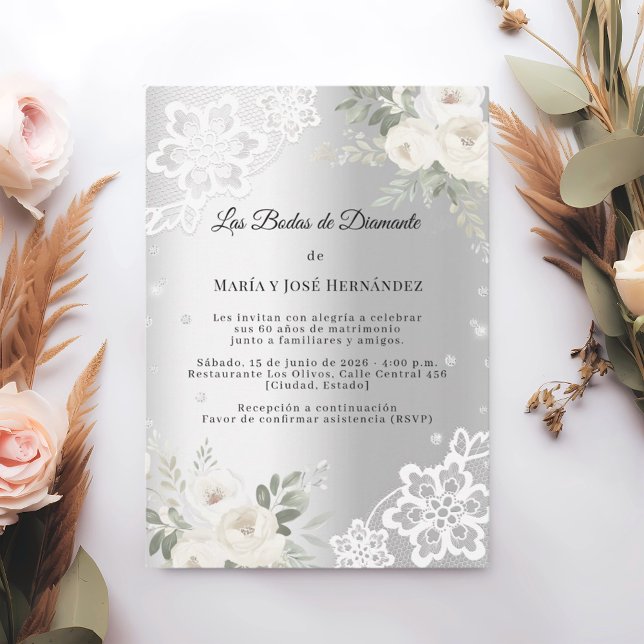 Convites Silver Florals Invitación Bodas de Diamante (Criador carregado)