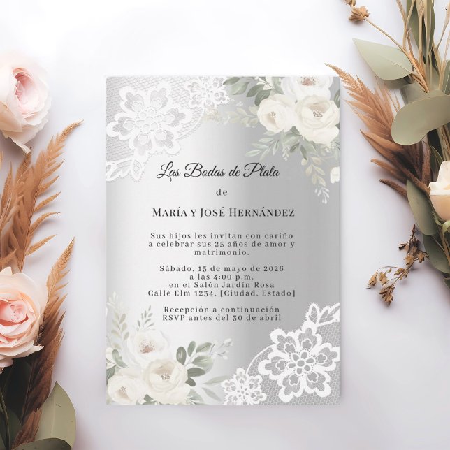 Convites Silver Florals Invitación Bodas de Plata (Criador carregado)