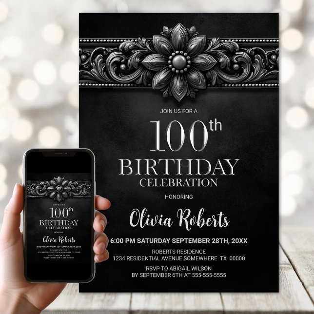 Convites Silver Flower Black 100th Birthday Party (Criador carregado)