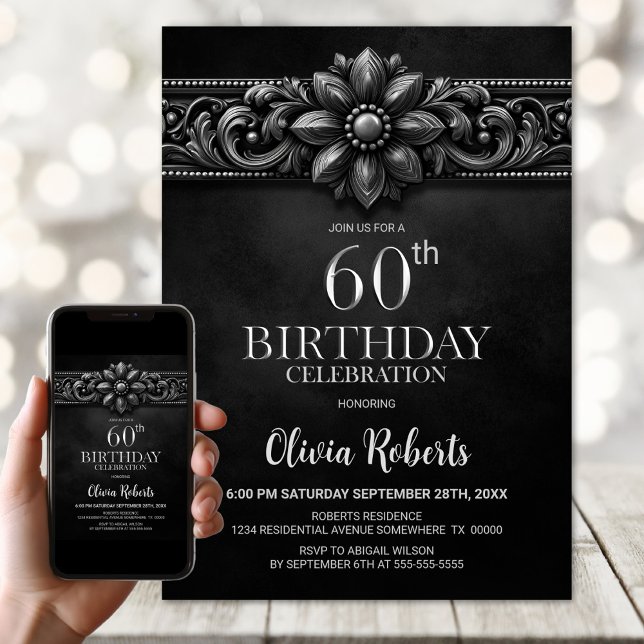 Convites Silver Flower Black 60th Birthday Party (Criador carregado)