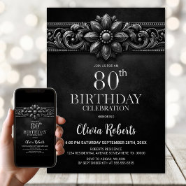 Convites Silver Flower Black 80th Birthday Party
