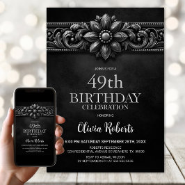 Convites Silver Flower Black Any Age Birthday Party