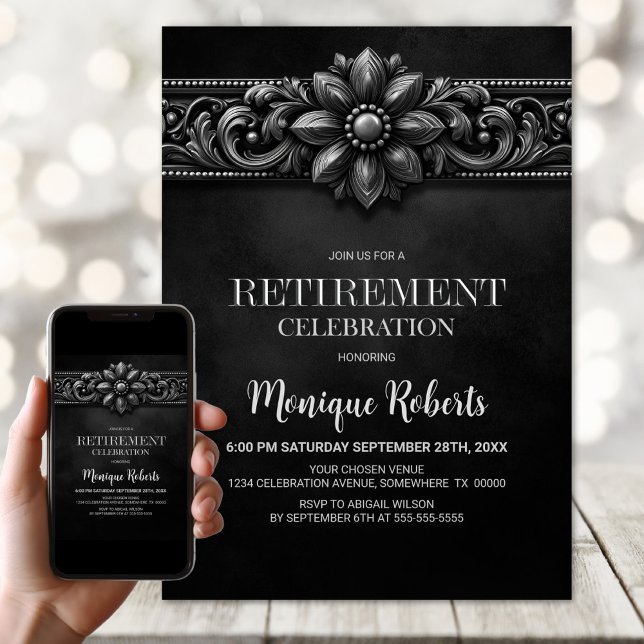 Convites Silver Flower Black Retirement Party (Criador carregado)