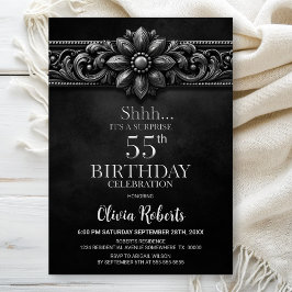 Convites Silver Flower Black Surprise 55th Birthday Party