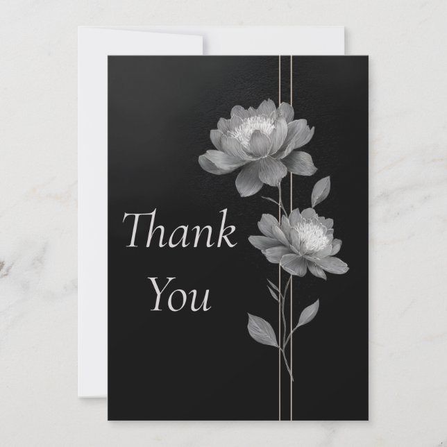 Convites Silver Flowers & Lines on Black Thank You Card (Frente)