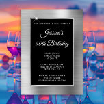 Convites Silver Foil e Black 50th Birthday<br><div class="desc">Crie o seu próprio convite para comemoração de aniversário de na moda de rico marco 5x7 para ela. Design de gráfico de arte digital em formato digital de folha de papel prateado decorativo em segundo plano. Um retângulo preto com cinza de prata escovou a tampa metálica do papel de ombre...</div>