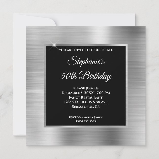 Convites Silver Foil Glam Black Overlay 50º Aniversário (Frente)