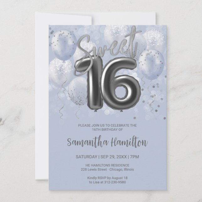 Convites Silver Foil Sweet 16 Balões de Aniversário Dusty B (Frente)