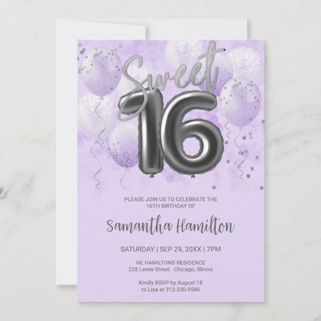 Convites Silver Foil Sweet 16 Balões de Aniversário Lavanda (Frente)