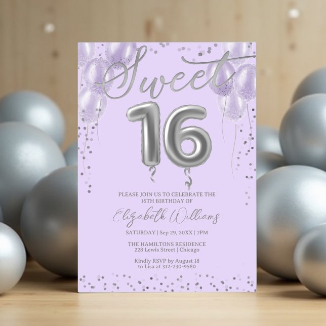 Convites Silver Foil Sweet 16 Balões de Aniversário Lavanda (Criador carregado)