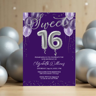 Convites Silver Foil Sweet 16 Balões de Aniversário Roxo