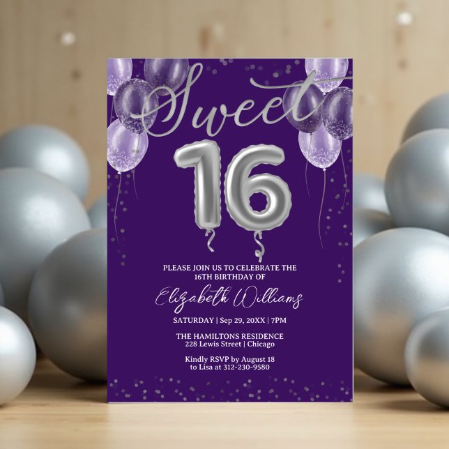 Convites Silver Foil Sweet 16 Balões de Aniversário Roxo (Criador carregado)