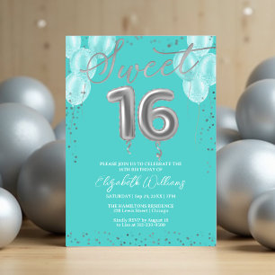 Convites Silver Foil Sweet 16 Balões de Aniversário Royal T