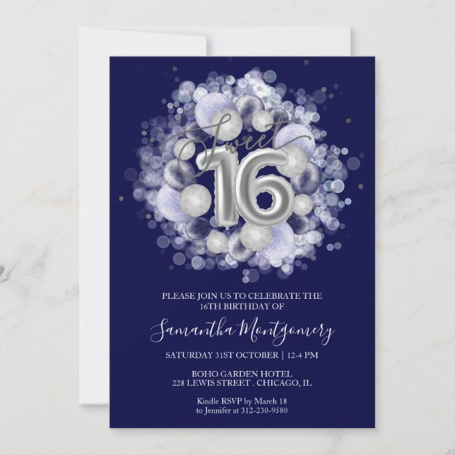 Convites Silver Foil Sweet 16 Balões de Dias Azul Real (Frente)