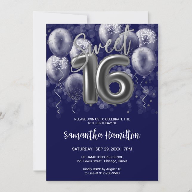 Convites Silver Foil Sweet 16 Balões de Dias Azul Real (Frente)