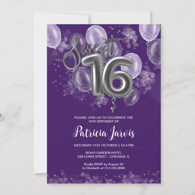 Convites Silver Foil Sweet 16 Balões Partido Roxo (Frente)