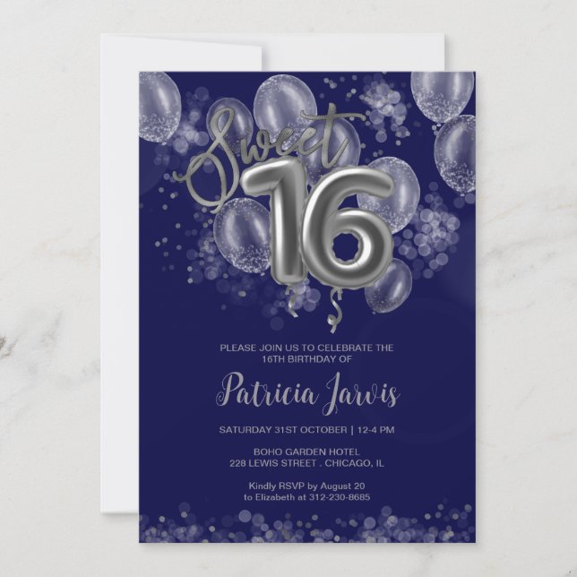 Convites Silver Foil Sweet 16 Balões Partido Royal Blue (Frente)
