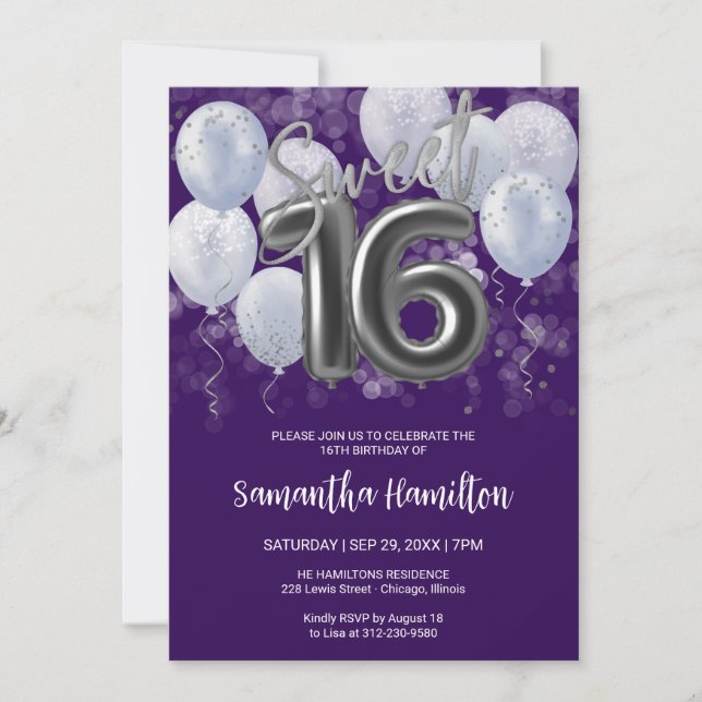 Convites Silver Foil Sweet 16 Bday Balloons Party Purple (Frente)