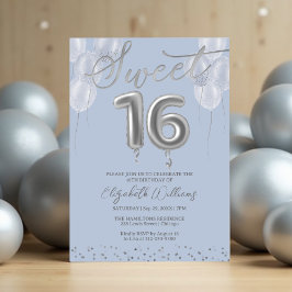 Convites Silver Foil Sweet 16 Birthday Balloons Party Blue