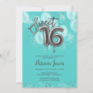 Convites Silver Foil Sweet 16 Birthday Balloons Party Teal