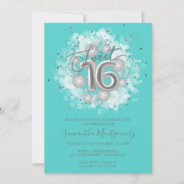 Convites Silver Foil Sweet 16 Birthday Balloons Party Teal (Frente)
