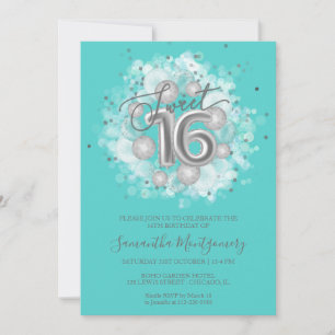 Convites Silver Foil Sweet 16 Birthday Balloons Party Teal