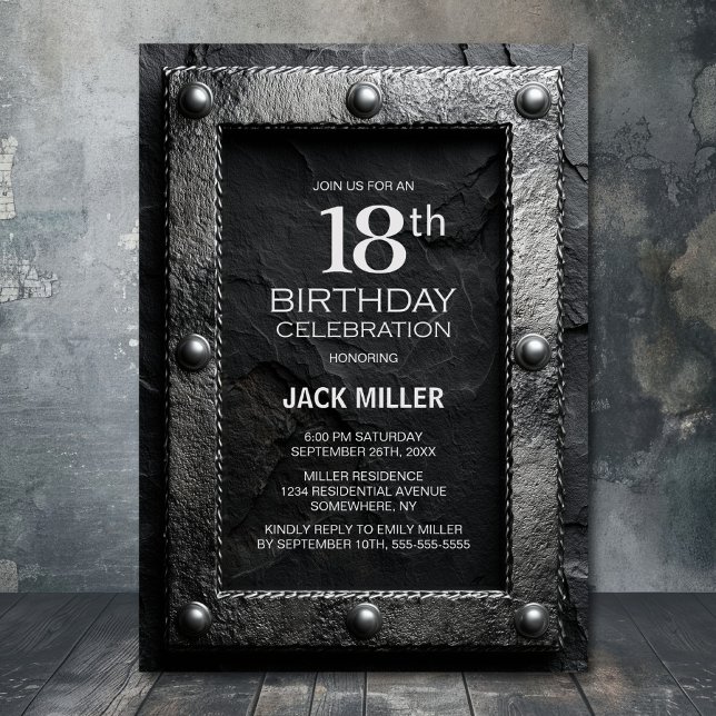 Convites Silver Frame Black Slate 18th Birthday Party (Criador carregado)