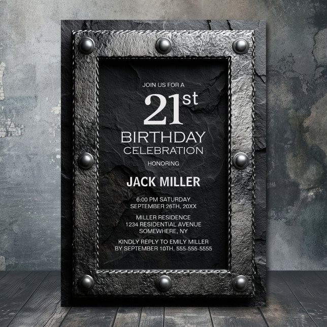 Convites Silver Frame Black Slate 21st Birthday Party (Criador carregado)