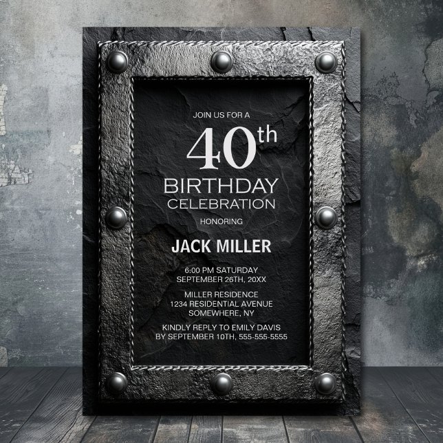 Convites Silver Frame Black Slate 40th Birthday Party (Criador carregado)