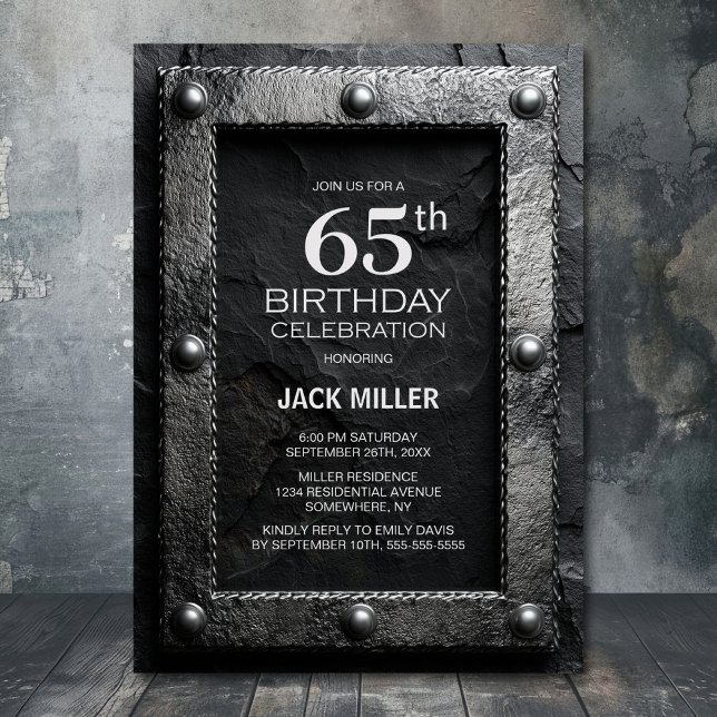 Convites Silver Frame Black Slate 65th Birthday Party (Criador carregado)