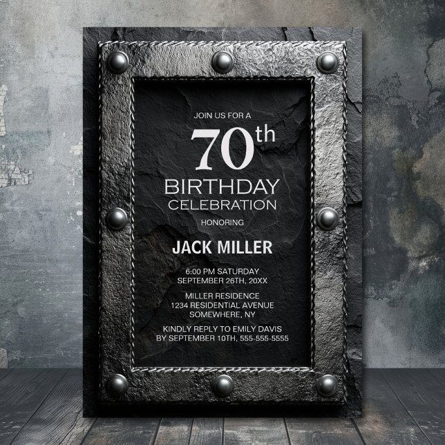 Convites Silver Frame Black Slate 70th Birthday Party (Criador carregado)