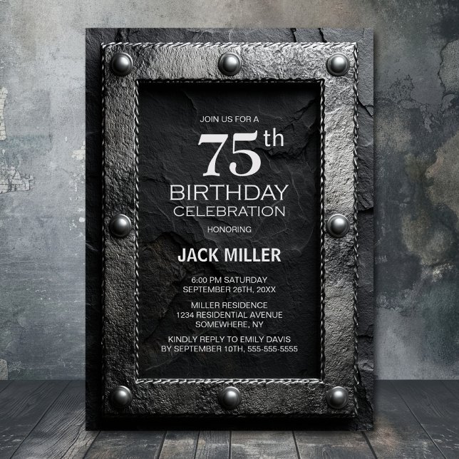 Convites Silver Frame Black Slate 75th Birthday Party (Criador carregado)