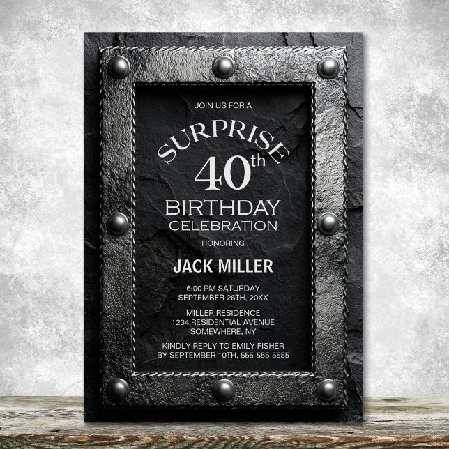 Convites Silver Frame Black Slate Surprise 40th Birthday (Criador carregado)