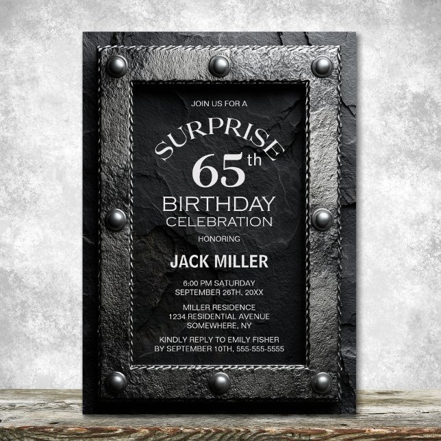 Convites Silver Frame Black Slate Surprise 65th Birthday (Criador carregado)