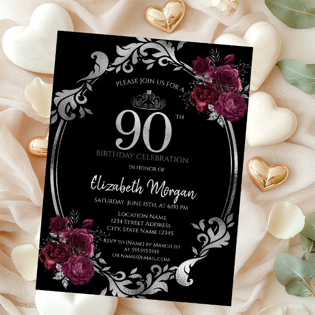 Convites Silver Frame Burgundy Rosa 90 Negro Aniversário (Criador carregado)
